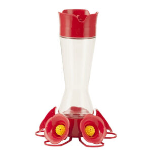 photo of a five port cinch waist glass hummingbird feeder.
