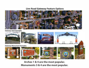 a collage of arch and monument options along with an overhead street view with the area where the arch or monument might go circled.