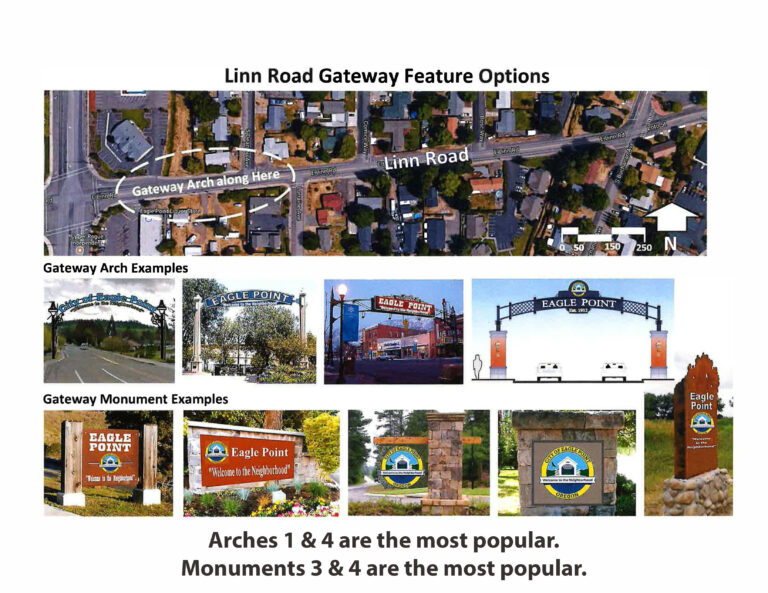 a collage of arch and monument options along with an overhead street view with the area where the arch or monument might go circled.
