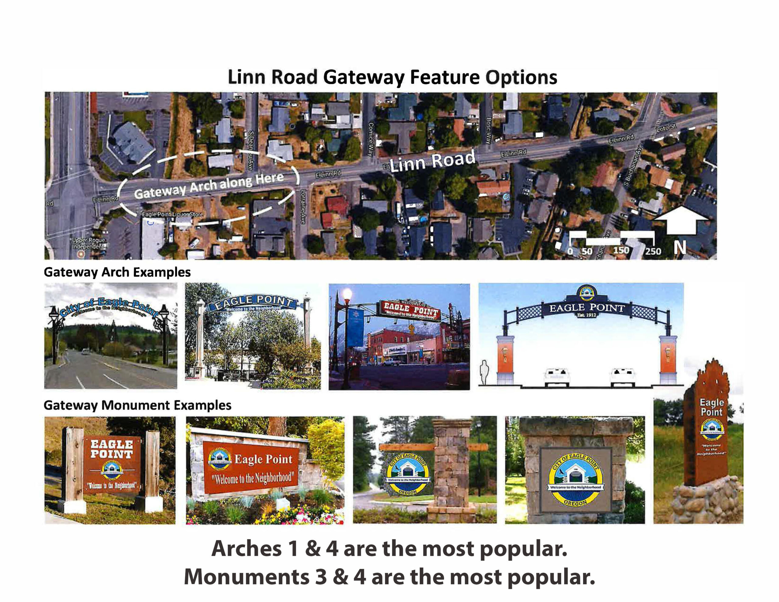 a collage of arch and monument options along with an overhead street view with the area where the arch or monument might go circled.