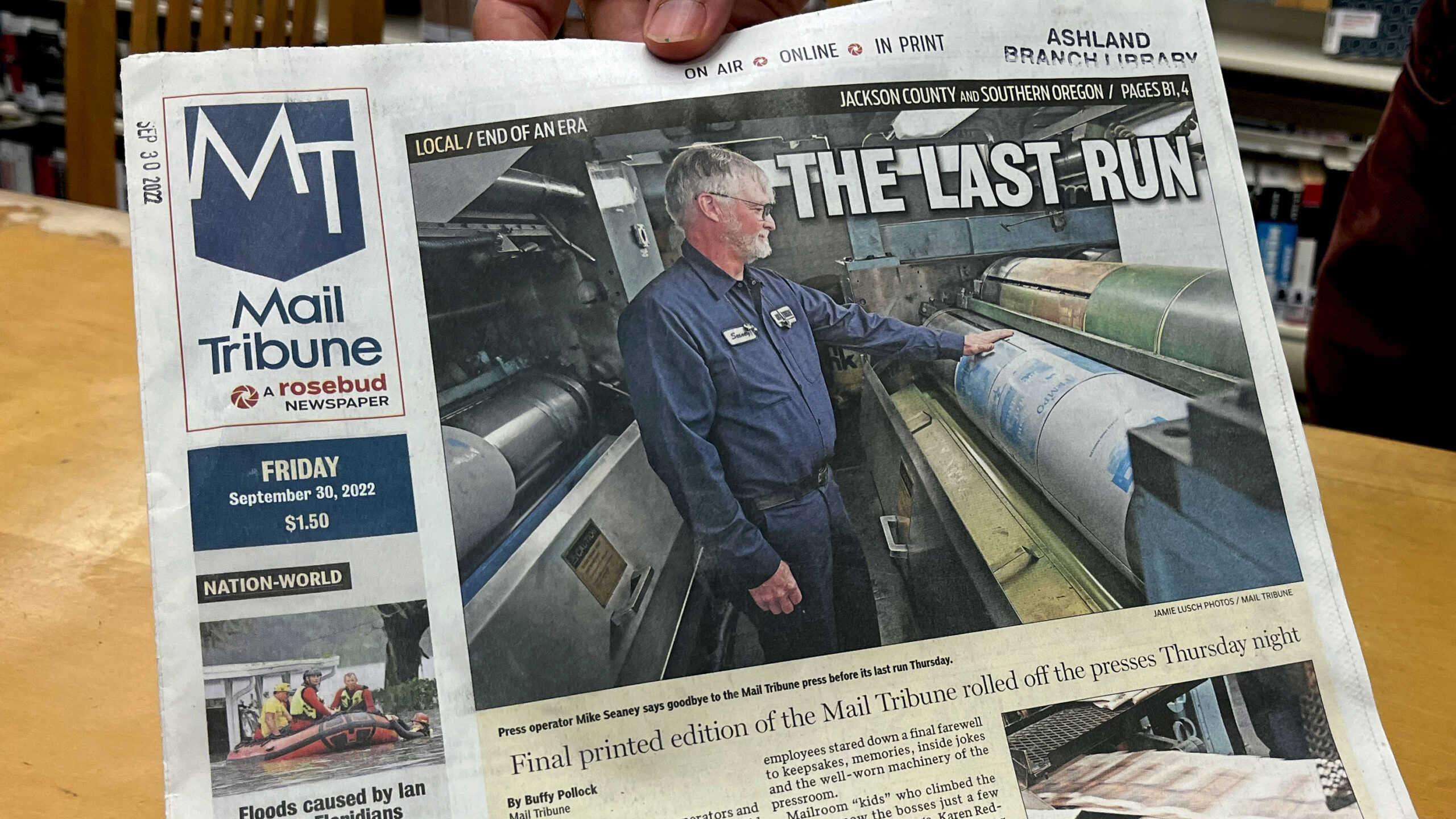 photo of the last printed edition of the Mail Tribune.