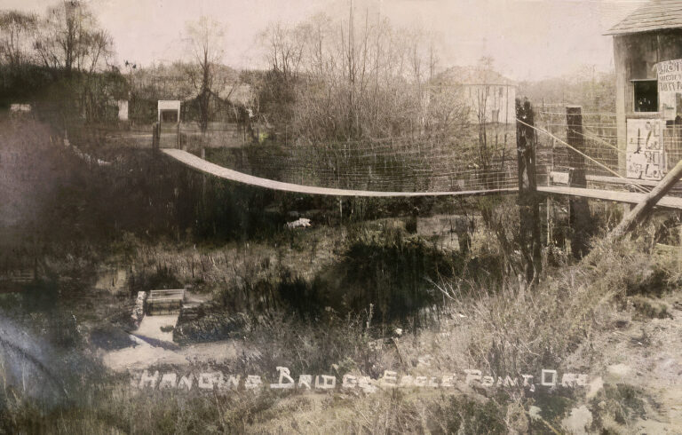 black and white photo of a footbridge over a creek.