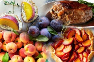 collage of the finished recipes in this column as well as some fresh peaches and plums.