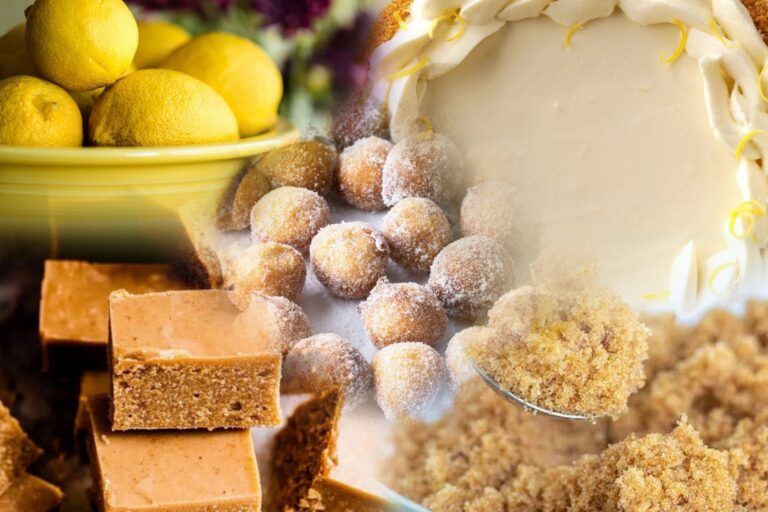 collage of the finished dishes in this week's recipes and fresh lemons and brown sugar.