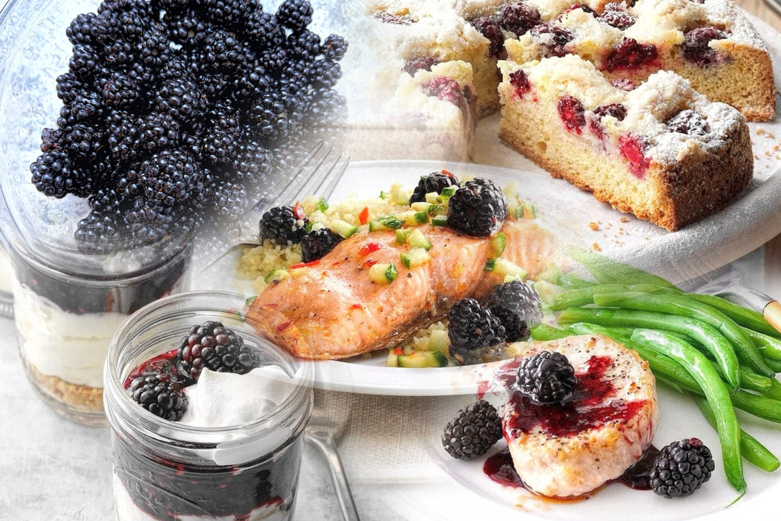 collage of the completed recipes in this column plus a bowl of fresh blackberries.
