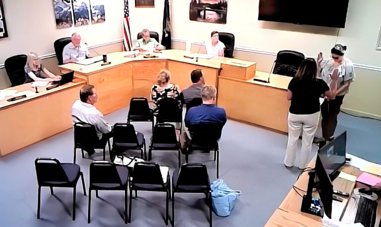 photo of a new commissioner being sworn in during a council meeting.