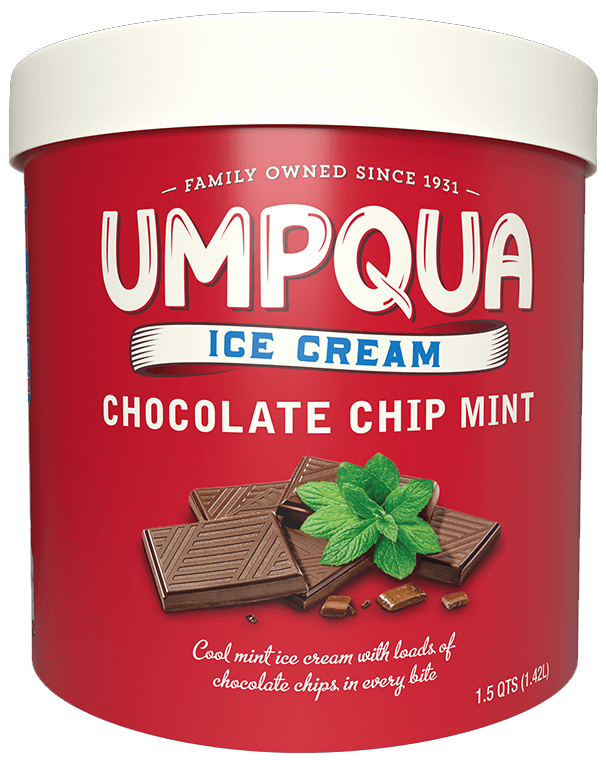 photo of a 1.5 quart container of Umpqua chocolate chip mint ice cream.