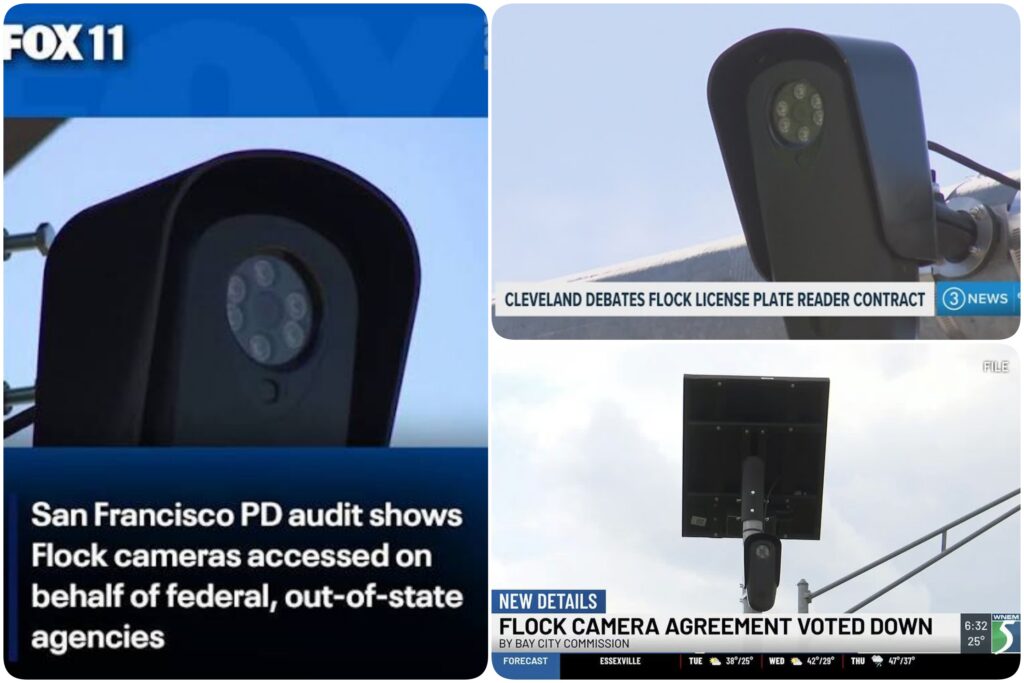collage of television news headlines showing cities negative issues with flock cameras.