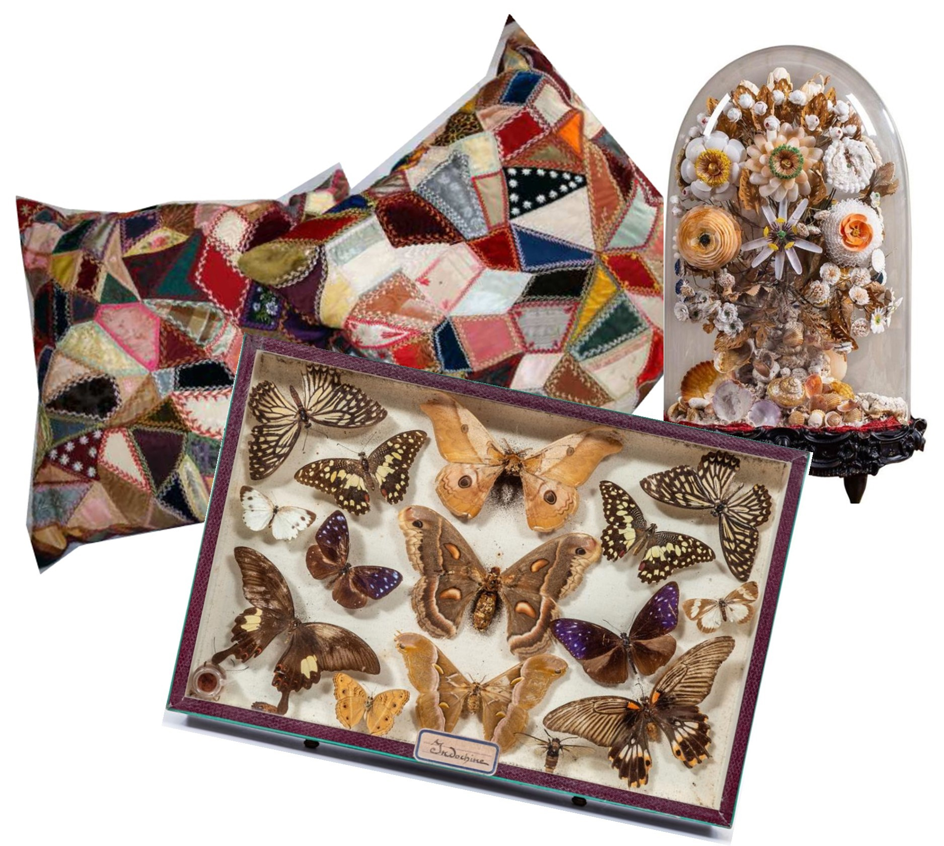 photo of victorian crafts, quilted pillows, dried flower arrangement anda riker's mount of butterflies and moths.