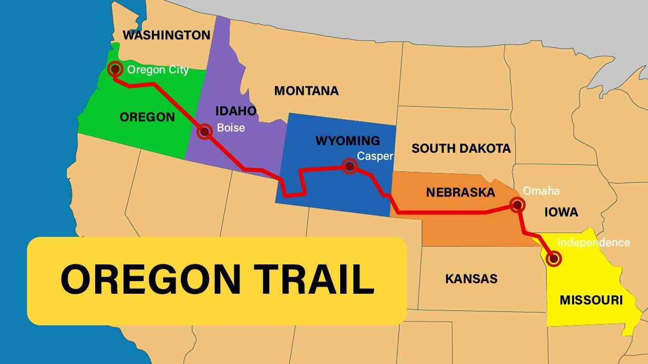 map of part of the united states with a line showing the oregon trail. states it ran through are highlighted with different colors.