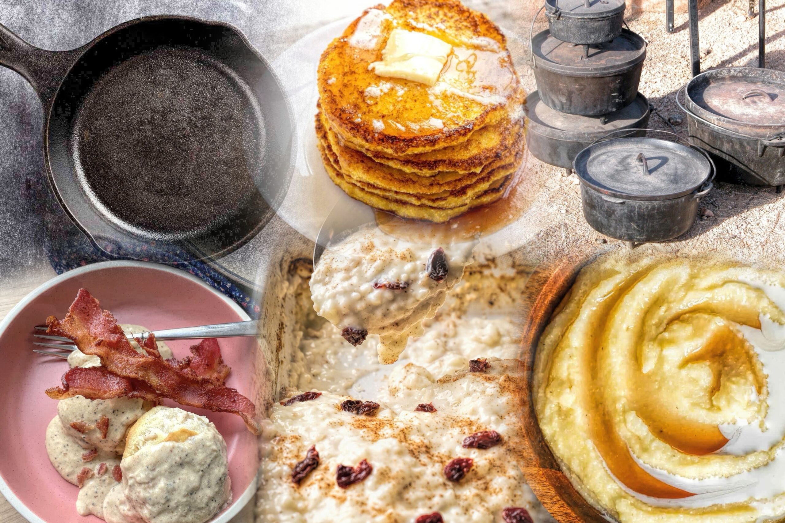 collage of this week's prepared recipes as well as a cast iron skillet and cast iron dutch ovens.