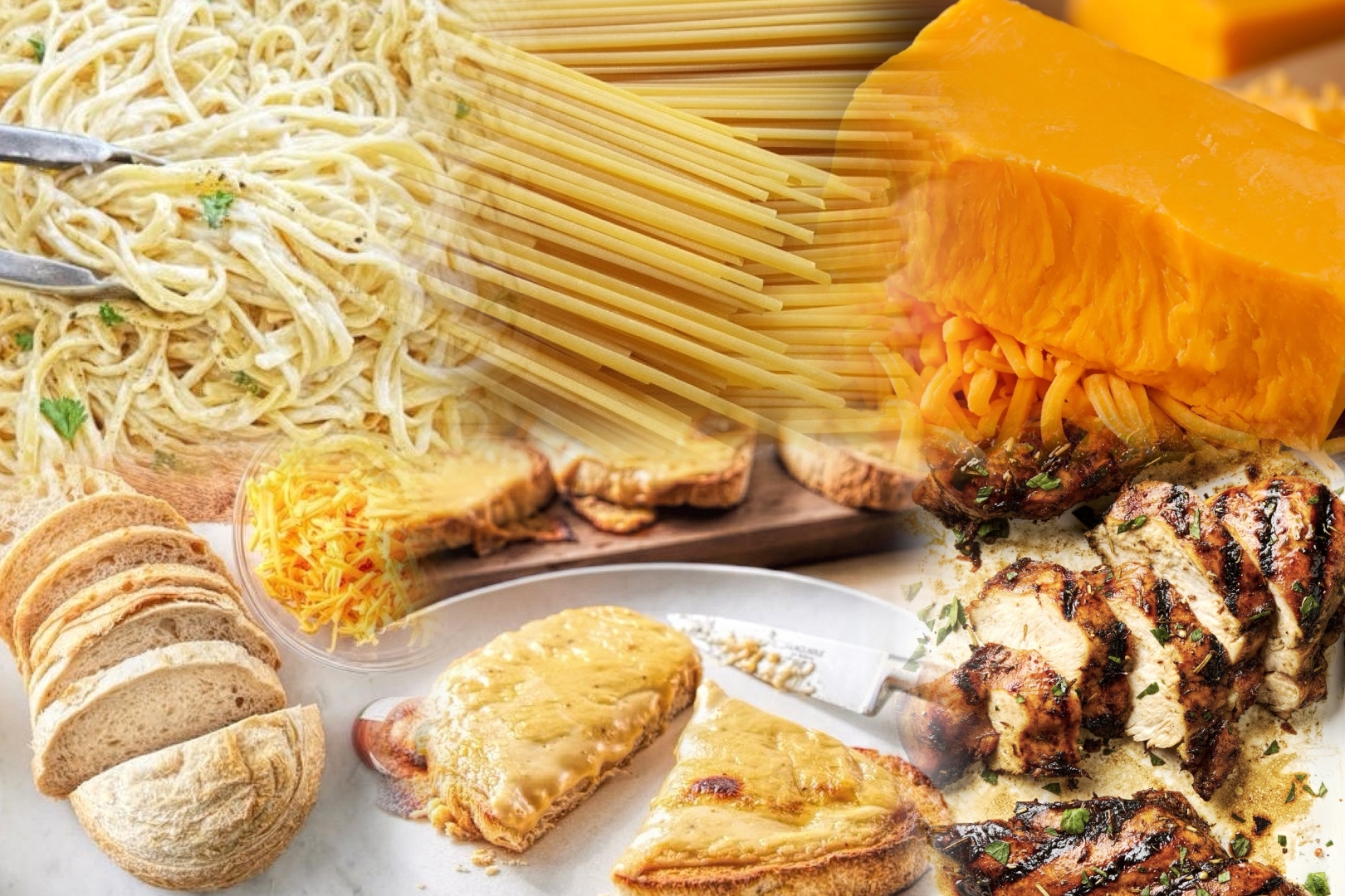 collage of this week's completed recipes and some raw ingredients.