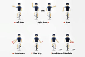 graphic showing hand traffic hand signals for bicyclists.