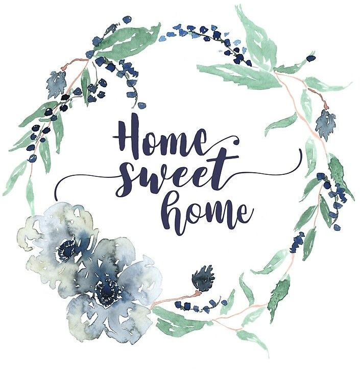 Graphic of a flowered wreath with "home sweet home" in the center.