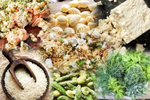 collage of the completed recipes in column and some raw ingredients.