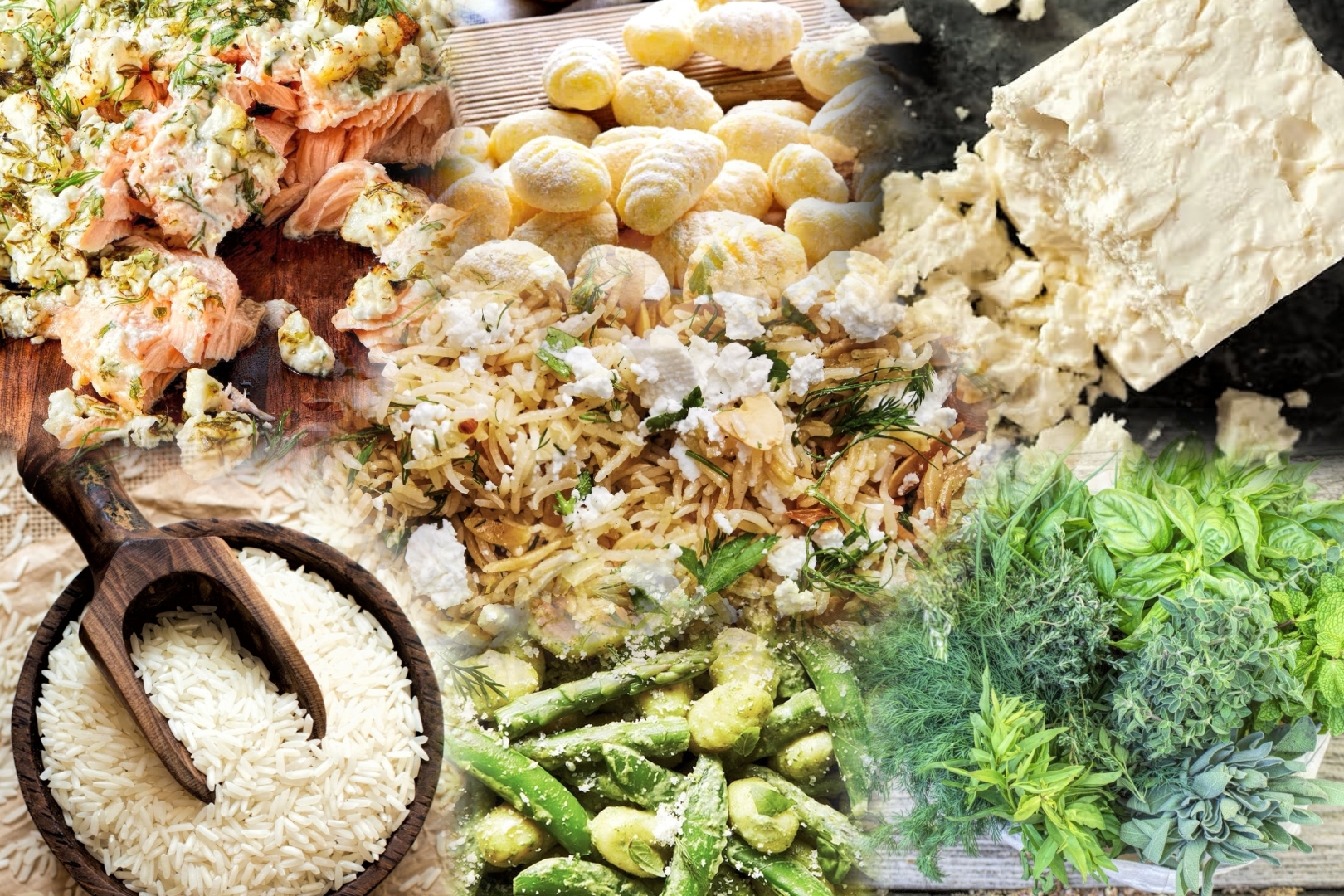 collage of the completed recipes in column and some raw ingredients.