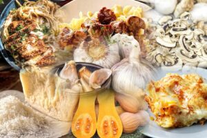 collage of the completed recipes in this week's column along with some raw ingredients.