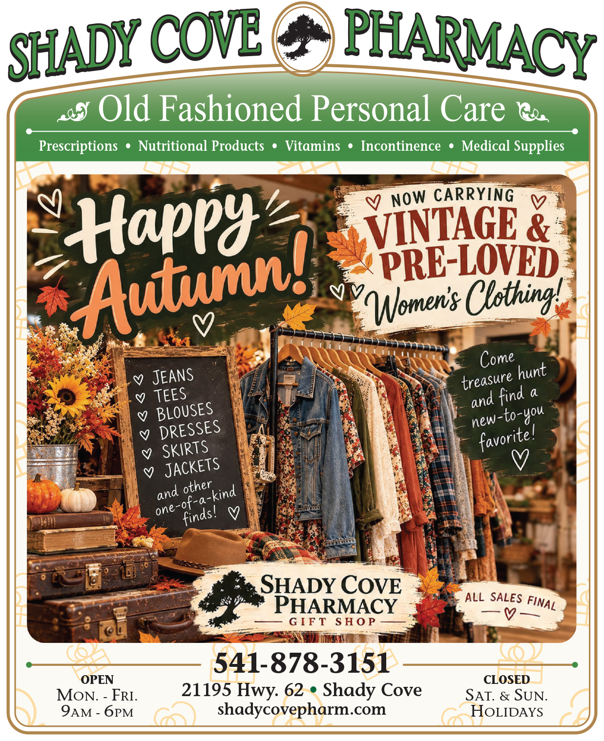 ad for shady cove pharmacy showing pre-loved vintage women's clothing now for sale.