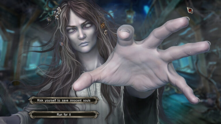Game art work of a beautiful but frightening female spirit reaching toward the camera. text on two option buttons reads "Risk yourself to save innocent souls" and "run for it"
